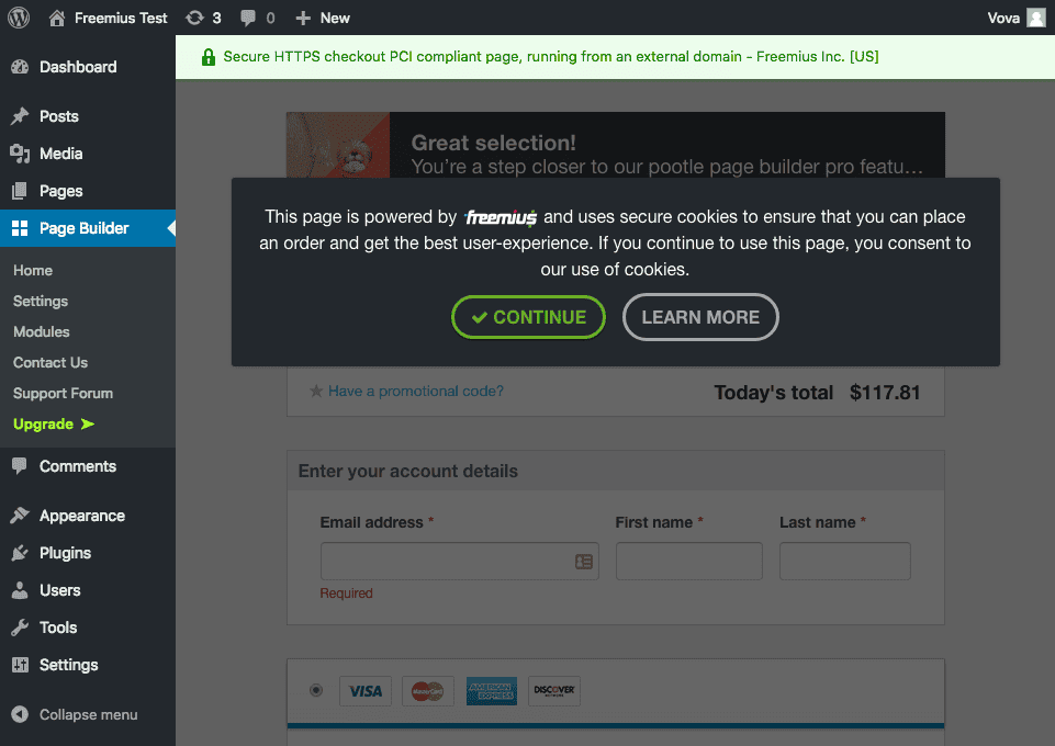 Freemius dashboard checkout cookies consent