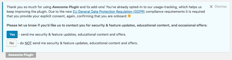 Freemius sdk GDPR opt-in admin notice