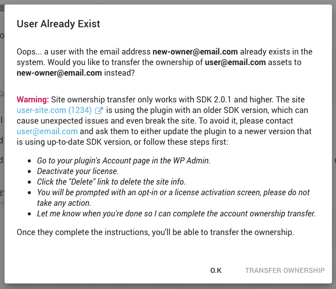 Freemius Developer Dashboard - Assets Ownership Transfer Error