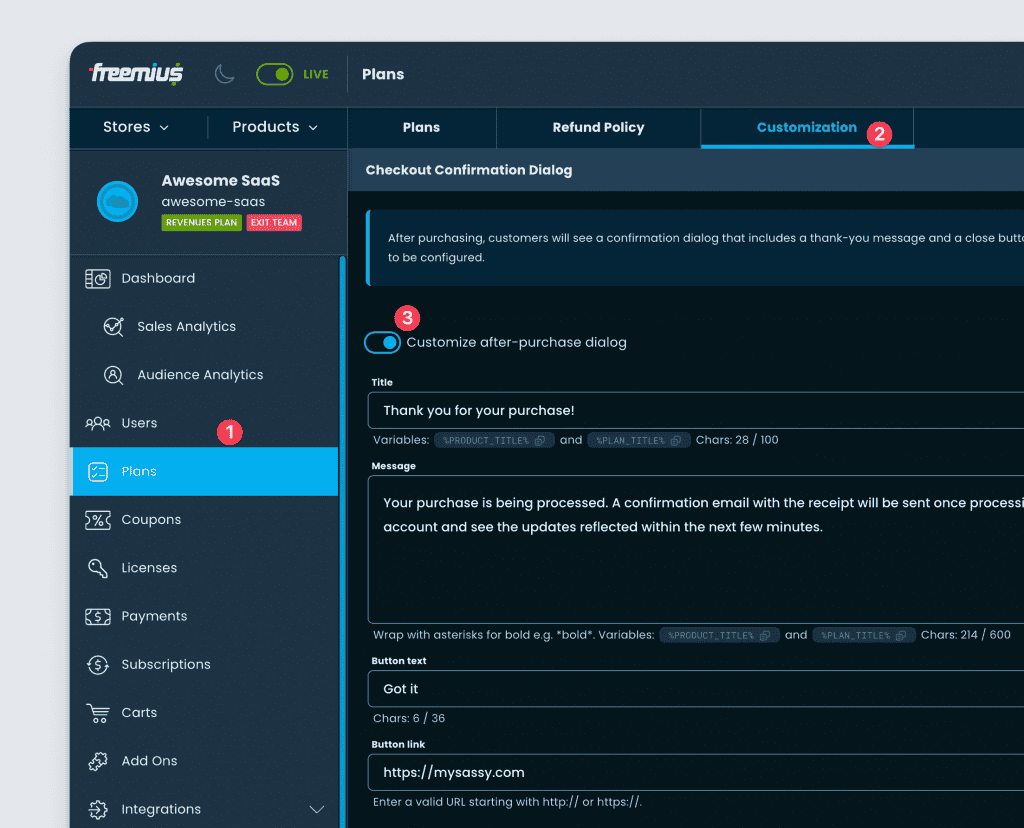 customization options for Checkout post-purchase dialog