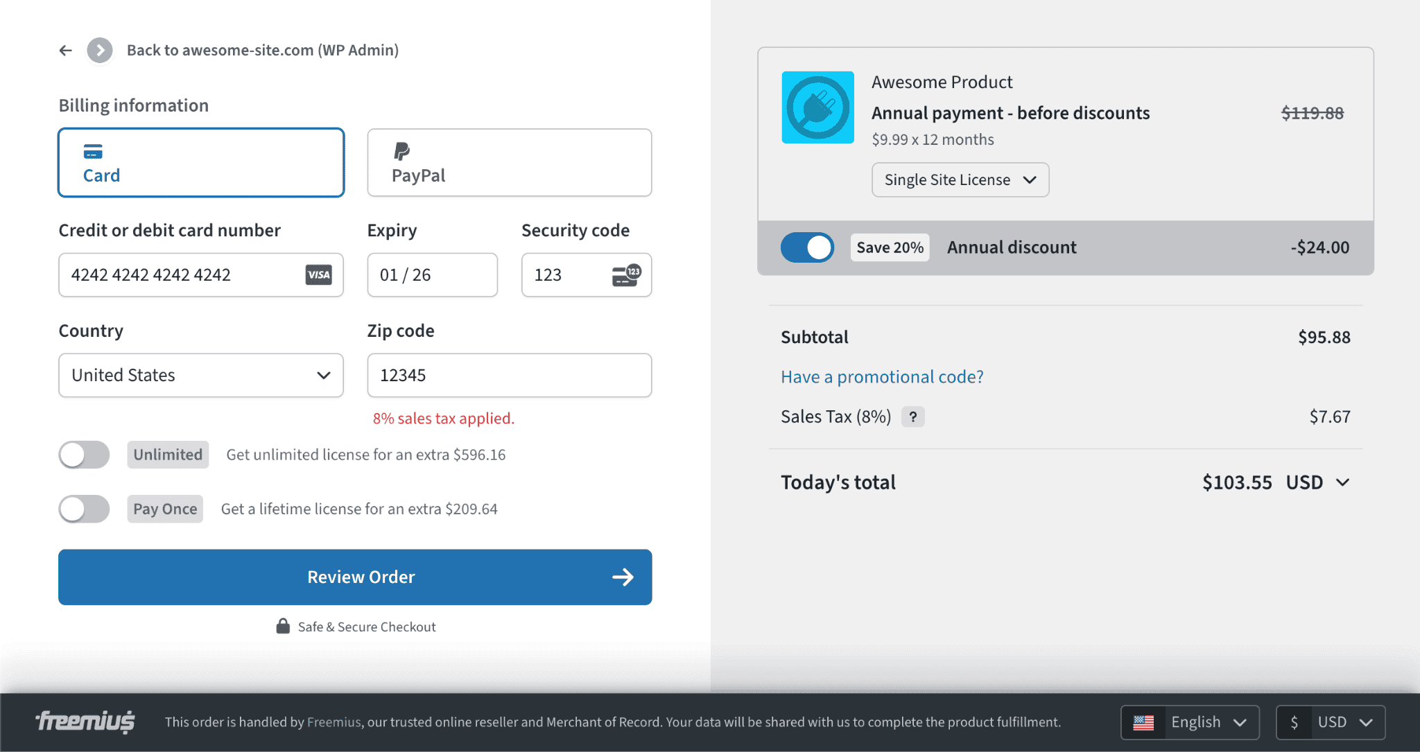 Freemius full-screen Checkout